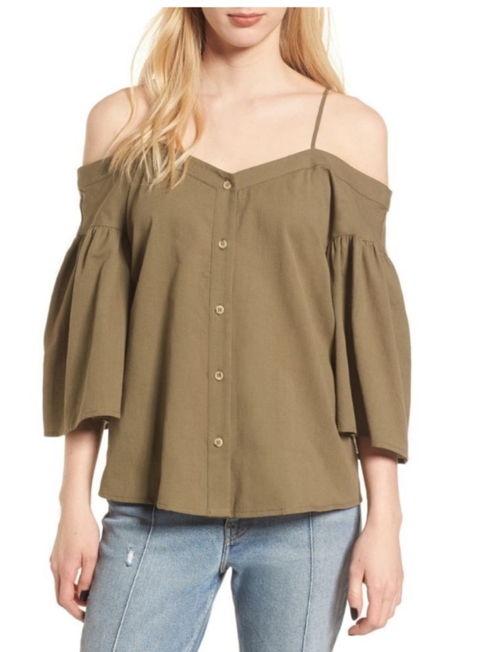 bp Olive Cold-Shoulder Button-Front Blouse